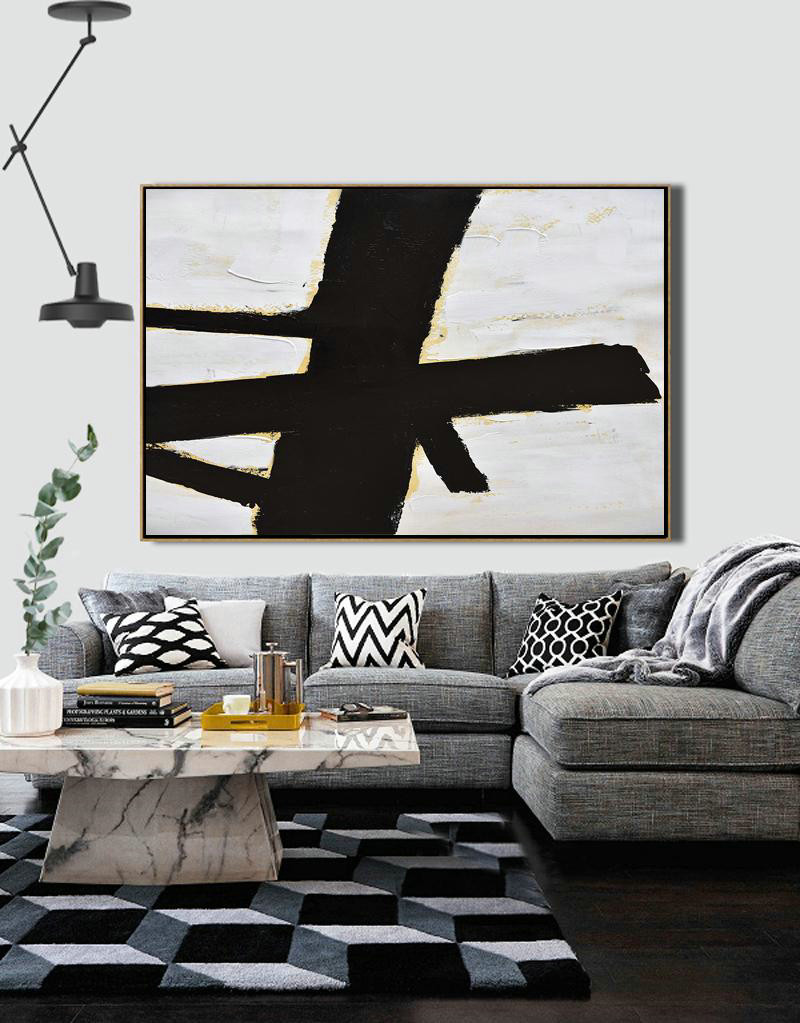 Modern Art Abstract Painting,Horizontal Palette Knife Minimal Canvas Art Painting Black White Beige - Contemporary Canvas Paintings